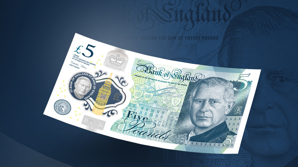 The Bank of England has released images of the first pound notes to feature the portrait of King Charles III