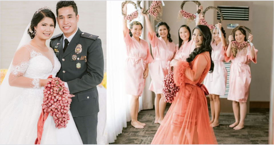 Bride walks down the aisle with onion bouquet